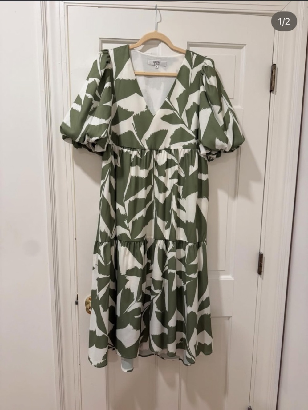 CROSBY by Mollie Burch Olive Green and White Printed Midi Dress
